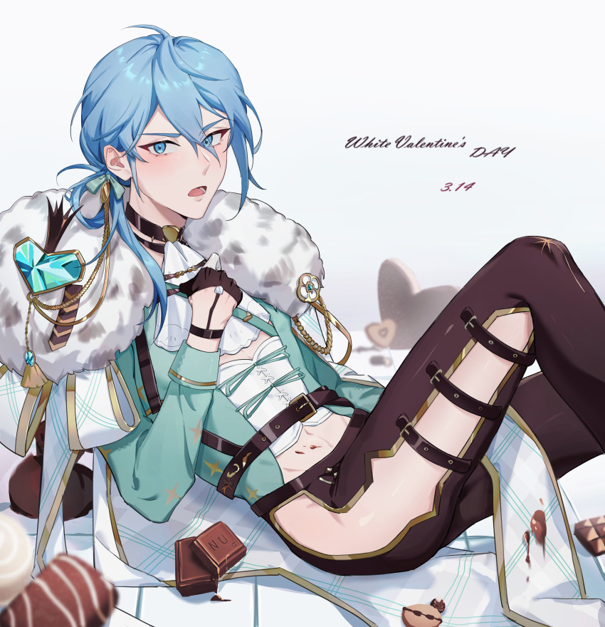 1boy, absurdres, ascot, black_gloves, blue_eyes, blush, candy, chocolate