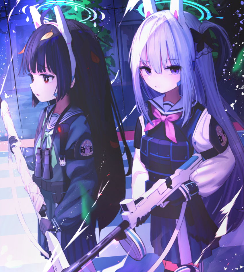 2girls, absurdres, animal_ear_headphones, binoculars, blue_archive, blue_serafuku, bulletproof_vest, green_neckerchief