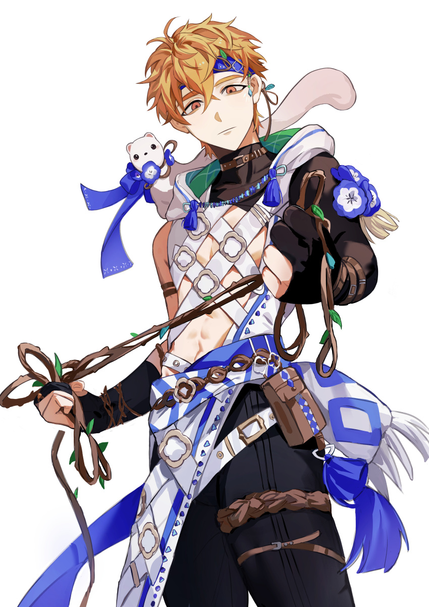 1boy, abs, absurdres, bags_under_eyes, black_gloves, blonde_hair, blue_flower, blue_headband