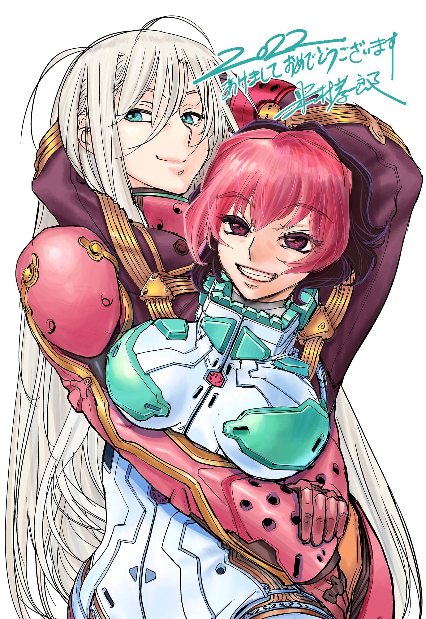 2022, 2girls, blue_eyes, brown_hair, dated, eyebrows_visible_through_hair, grey_hair, highres