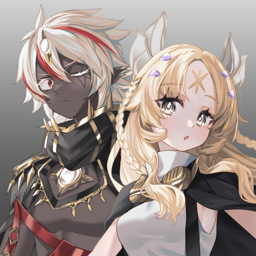 1boy, 1girl, blonde_hair, braid, breasts, cape, duel_monster, earrings