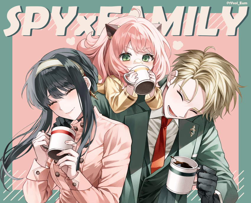 1boy, 1yeol_eum, 2girls, ^_^, ^o^, anya_(spy_x_family), blush, closed_eyes, coffee, coffee_mug, copyright_name, cup, family, formal, highres, holding, holding_cup, mug, multiple_girls, on_person, smile, spy_x_family, suit, trench_coat, twilight, two-tone_background, upper_body, yor_briar