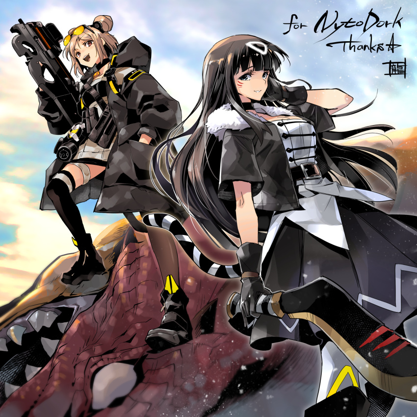 2girls, absurdres, belt, blue_eyes, boots, bullpup, choker, commission