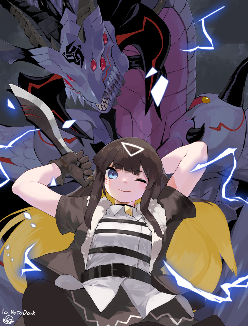 1girl, ;), absurdres, belt, blue_eyes, choker, commission, dragon