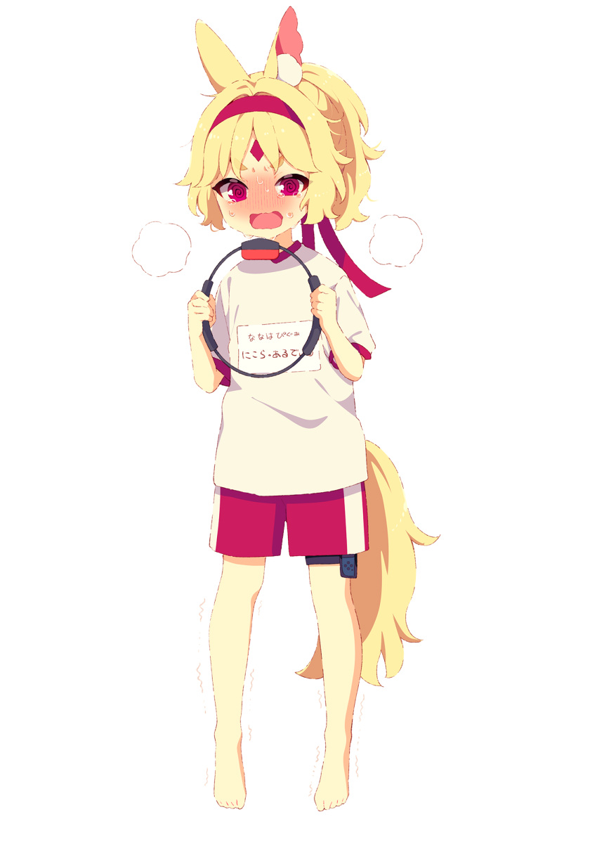 1girl, @_@, aldin_nicola, animal_ear_fluff, animal_ears, bangs, barefoot, blonde_hair