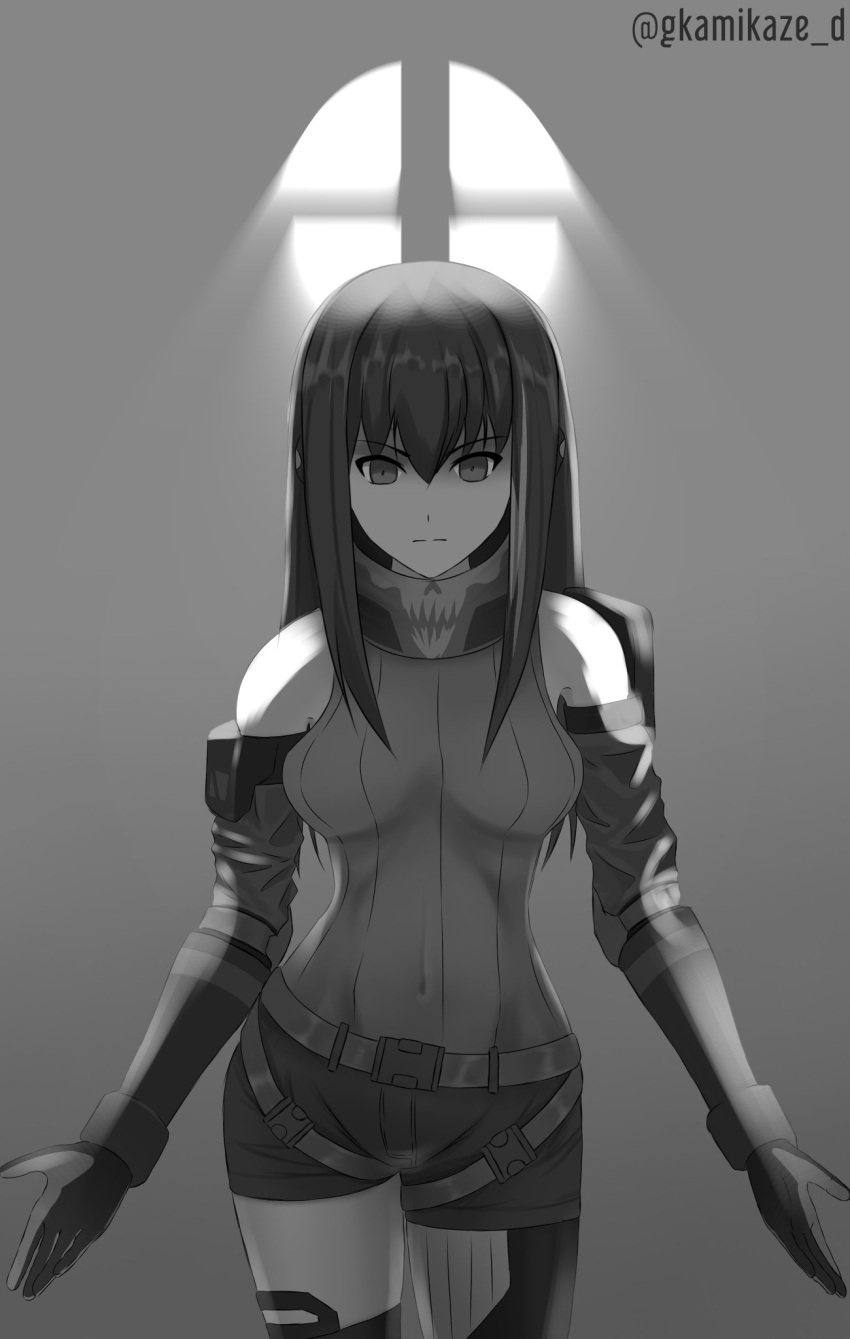 1girl, bangs, breasts, cowboy_shot, dgkamikaze, elbow_gloves, expressionless, gigachad_(meme)