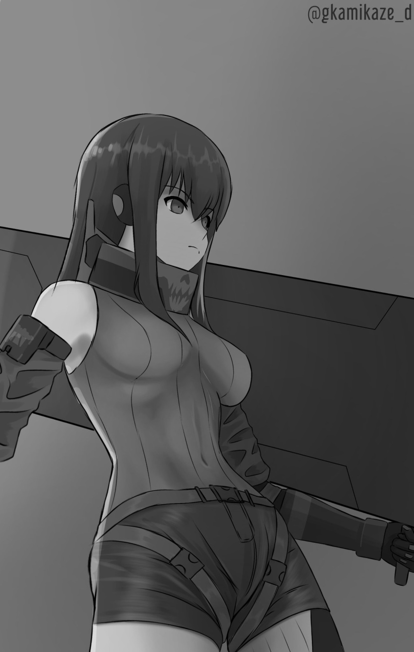 1girl, bangs, breasts, cowboy_shot, dgkamikaze, elbow_gloves, expressionless, gigachad_(meme)