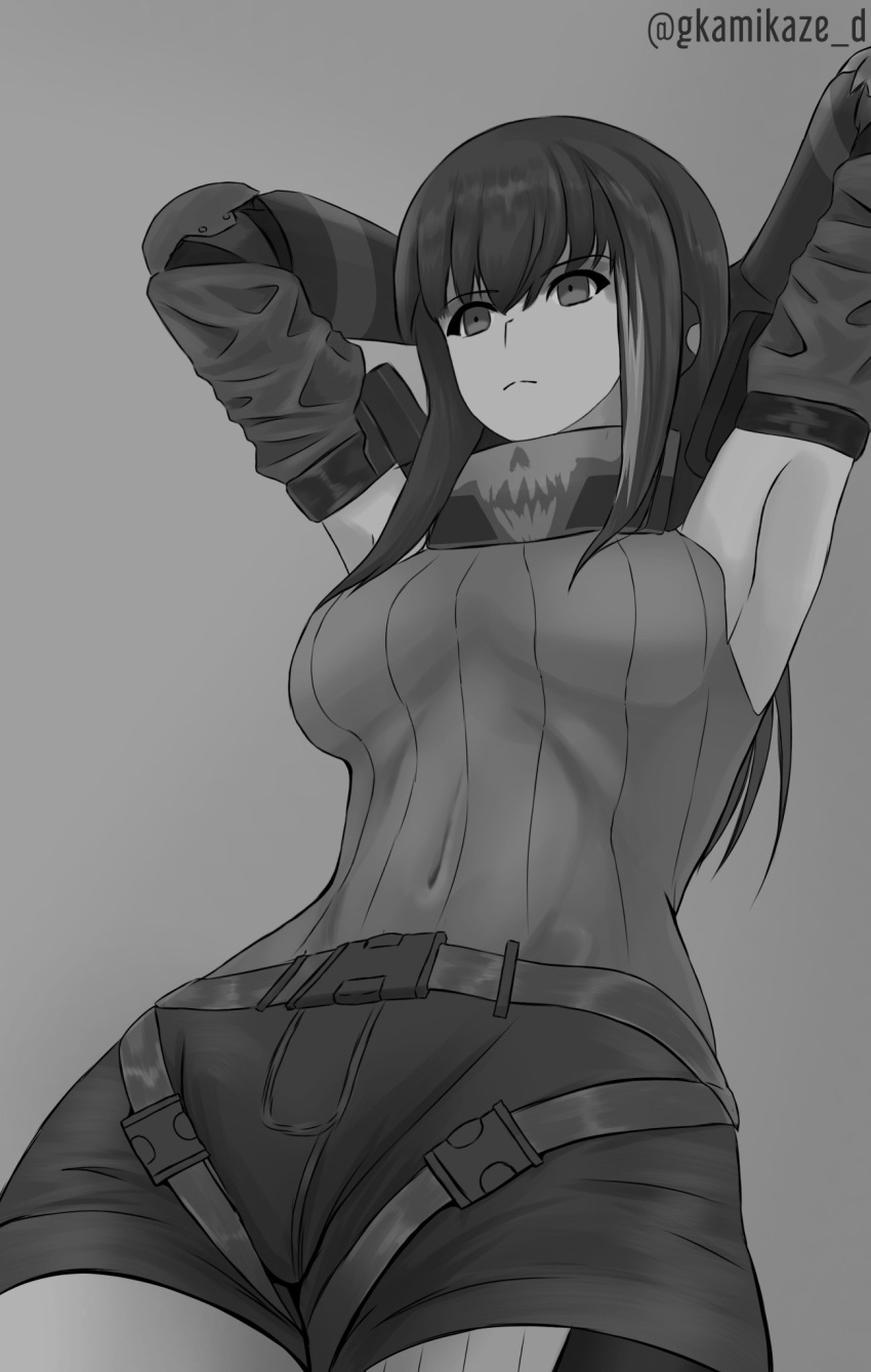 1girl, bangs, breasts, cowboy_shot, dgkamikaze, elbow_gloves, expressionless, gigachad_(meme)