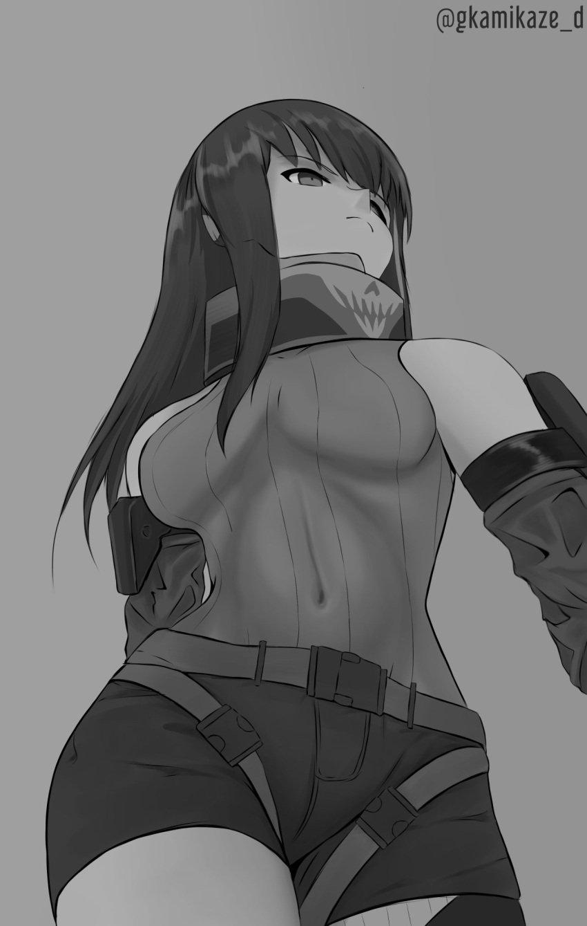 1girl, bangs, breasts, cowboy_shot, dgkamikaze, elbow_gloves, expressionless, gigachad_(meme)