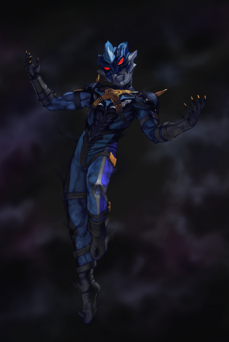 1boy, alien, armor, black_gloves, boots, dorsal_fin, evil, evil_eyes