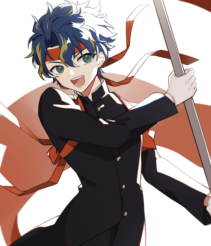 1boy, :d, alternate_costume, armband, astel_leda, bandana, blonde_hair, blue_hair