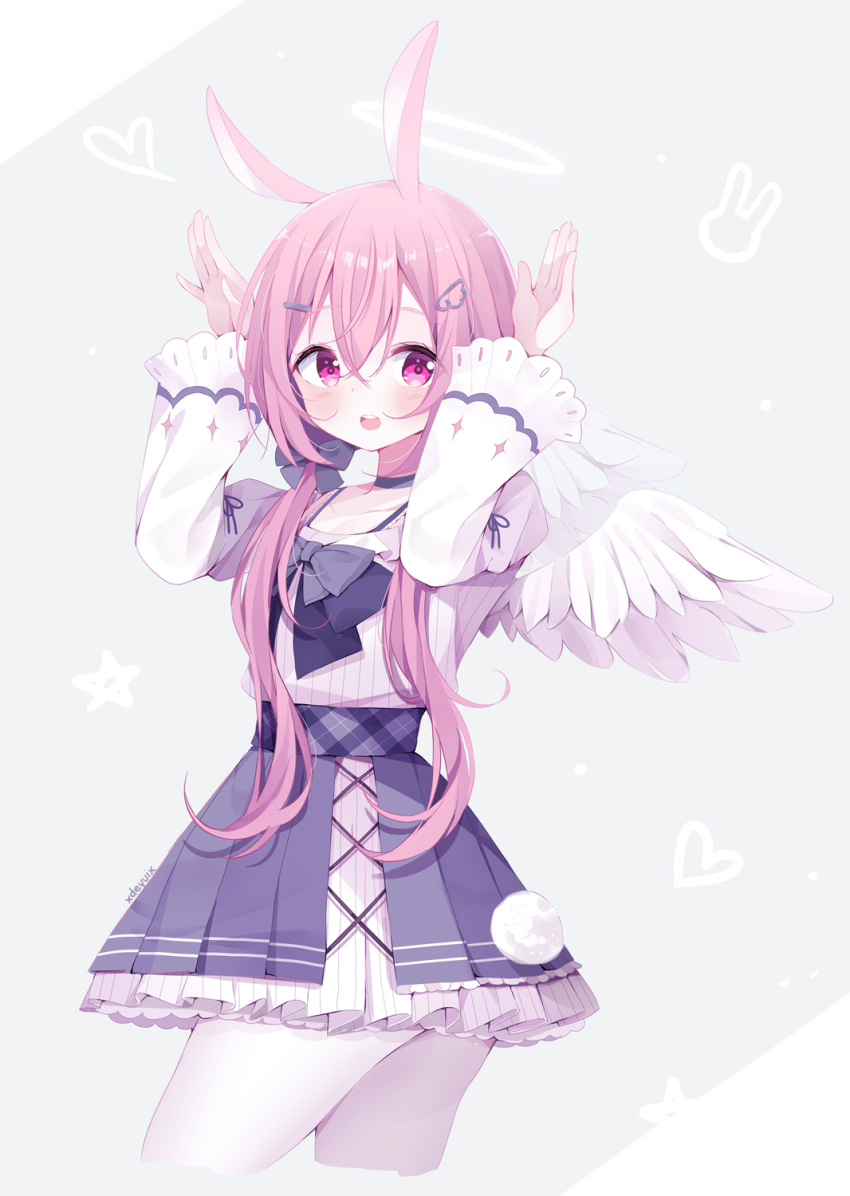 1girl, :d, animal_ears, arms_up, bangs, black_bow, black_skirt, blush