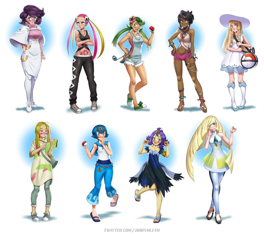 6+girls, :<, :d, acerola_(pokemon), bag, black_hair, black_pants, blonde_hair, blue_eyes, blue_hair, blue_pants, blush, braid, brown_eyes, commentary, crossed_arms, crossed_legs, dark-skinned_female, dark_skin, dress, english_commentary, flower, frown, glasses, green_eyes, green_hair, hair_flower, hair_ornament, hand_on_hip, hat, highres, ladle, lana_(pokemon), lillie_(pokemon), long_hair, low_twintails, lusamine_(pokemon), mallow_(pokemon), mathias_leth, mina_(pokemon), multicolored_hair, multiple_girls, olivia_(pokemon), open_mouth, pants, paw_pose, pink-framed_eyewear, pink_hair, plumeria_(pokemon), poke_ball, pokemon, pokemon_(game), pokemon_sm, purple_hair, short_hair, shoulder_bag, simple_background, sketchbook, smile, stomach_tattoo, sun_hat, tattoo, triangle_mouth, twin_braids, twintails, two-tone_hair, very_long_hair, violet_eyes, watson_cross, white_background, wicke_(pokemon), yellow_eyes