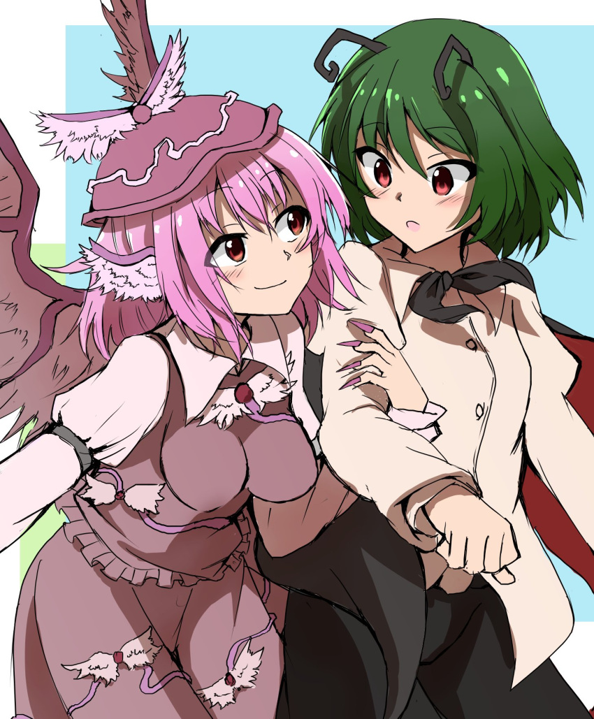 2girls, androgynous, animal_ears, antennae, bird_ears, bird_wings, black_cape, black_pants