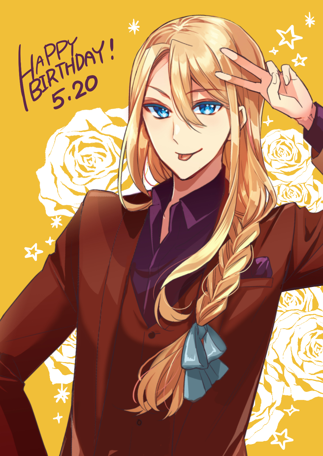 1boy, :p, akai_higasa, alternate_costume, blonde_hair, blue_eyes, blue_ribbon, braid