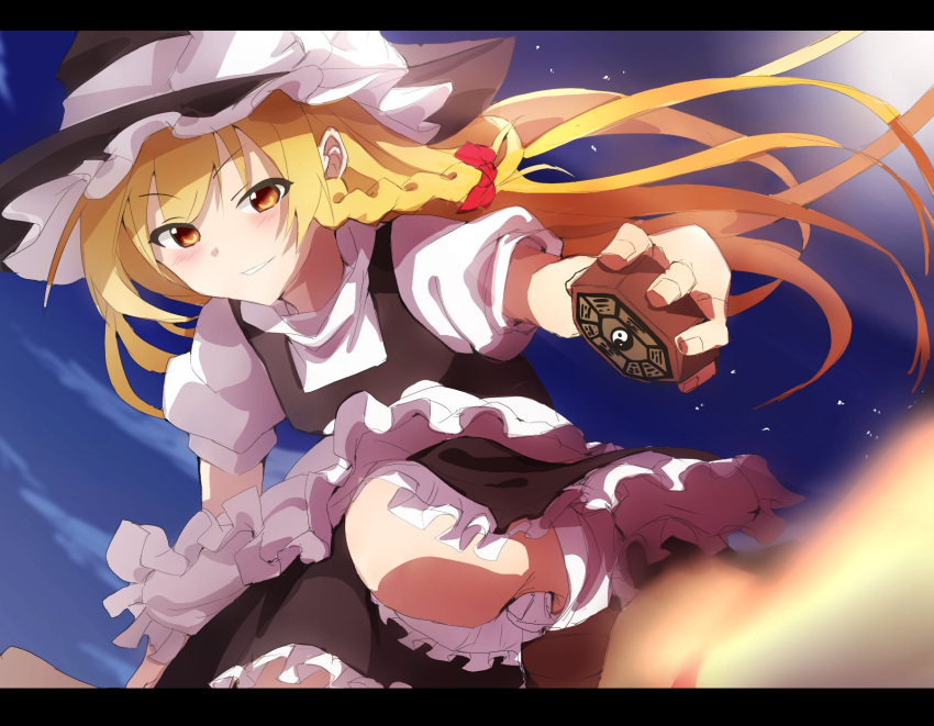 1girl, apron, black_headwear, black_skirt, black_vest, blonde_hair, bow, braid