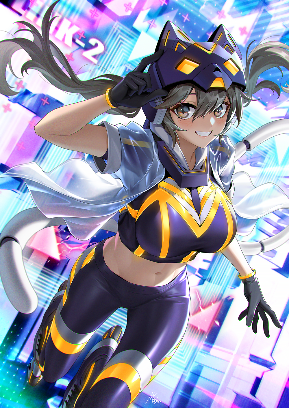 1girl, bangs, black_hair, blush, breasts, brown_eyes, cat_mask, crop_top