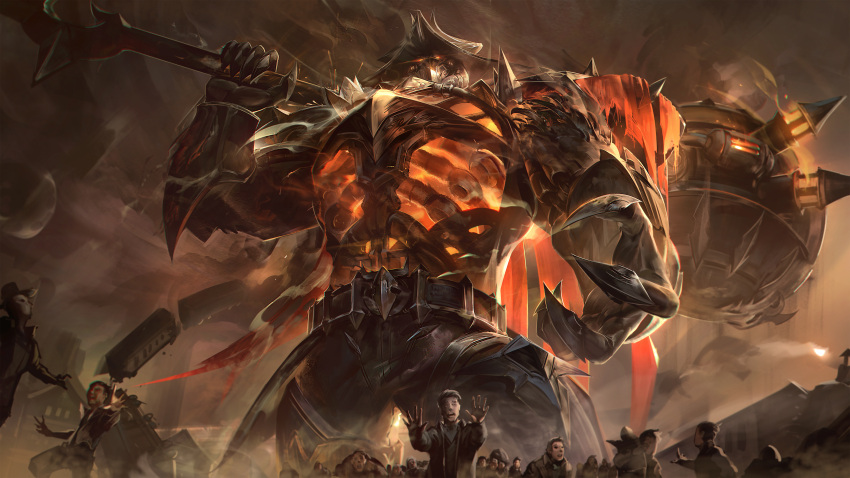 1boy, absurdres, armor, bangs, belt, black_pants, claws, giant, glowing, glowing_eyes, ground_vehicle, hat, high_noon_mordekaiser, highres, holding, holding_weapon, league_of_legends, looking_at_viewer, male_focus, mask, mordekaiser, mountain, over_shoulder, pants, people, short_hair, solo_focus, spikes, train, weapon, weapon_over_shoulder, wutu_(1183238220)