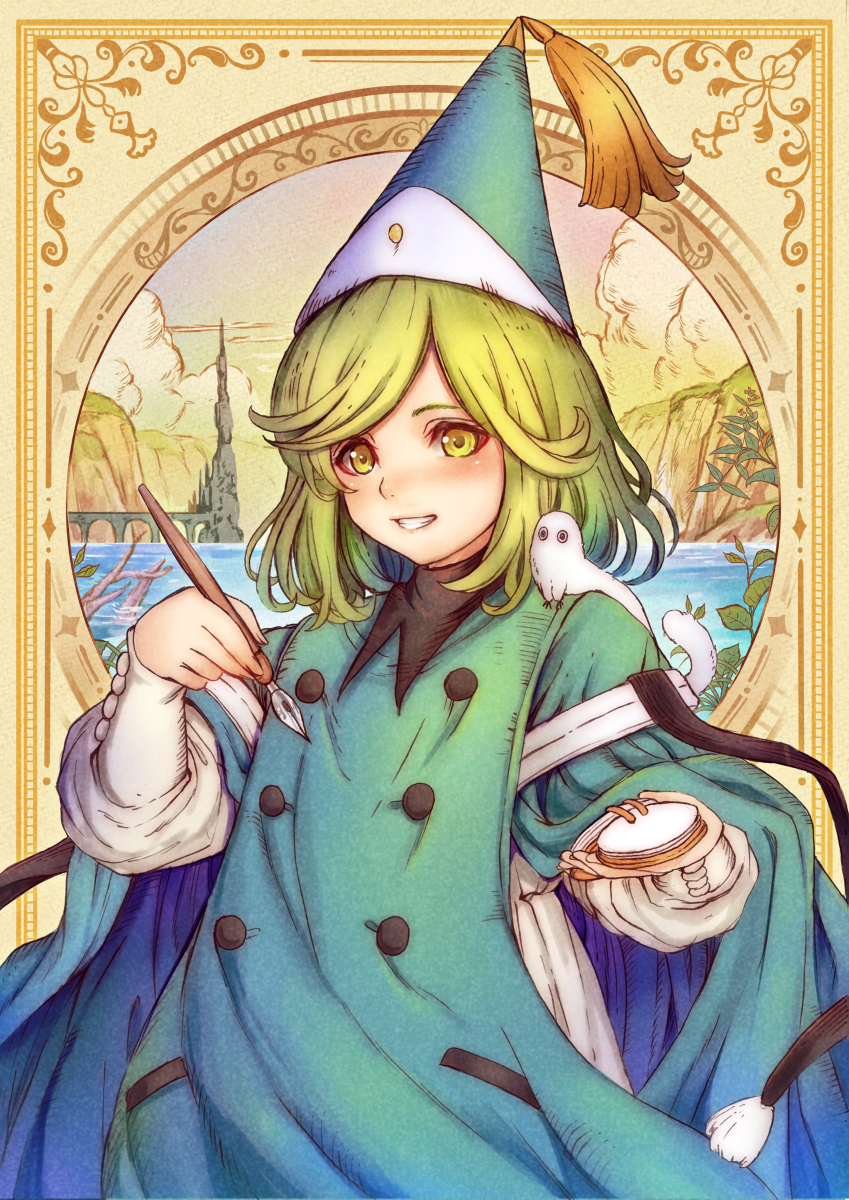 1girl, book, bridge, brushbug, buttons, clouds, cloudy_sky, coco_(tongari_boushi_no_atelier)