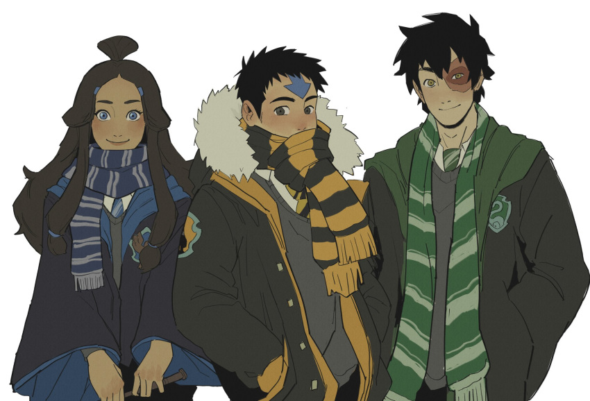 1girl, 2boys, aang, arrow_(symbol), avatar:_the_last_airbender, avatar_legends, black_hair, black_jacket, blue_coat, blue_eyes, blue_necktie, blue_scarf, blush, brown_eyes, brown_hair, closed_mouth, coat, cosplay, covered_mouth, dark-skinned_female, dark_skin, emblem, eyelashes, facial_mark, felipe_(lipeartwork), forehead_mark, fur-trimmed_jacket, fur_trim, green_necktie, green_scarf, grey_eyes, grey_sweater, hair_bun, hair_ribbon, hair_tubes, half_updo, hands_in_pockets, harry_potter_(series), highres, hogwarts_school_uniform, hufflepuff, jacket, katara, long_hair, long_sleeves, looking_at_viewer, multiple_boys, necktie, ravenclaw, ribbon, scar, scar_on_face, scarf, scarf_over_mouth, school_uniform, shirt, short_hair, side-by-side, sidelocks, simple_background, slytherin, smile, striped, striped_scarf, sweater, tress_ribbon, upper_body, white_background, white_shirt, yellow_necktie, yellow_scarf, zuko