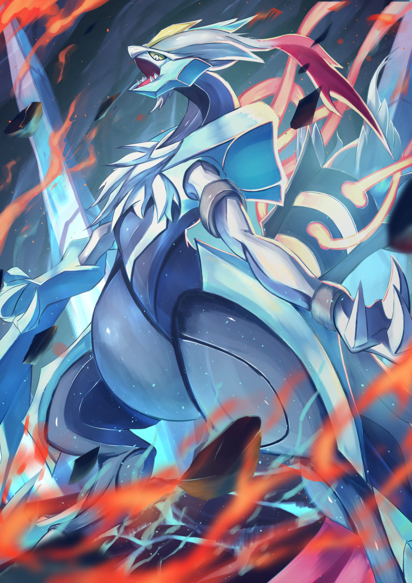 absurdres, blurry, claws, colored_sclera, commentary_request, fire, from_below, highres