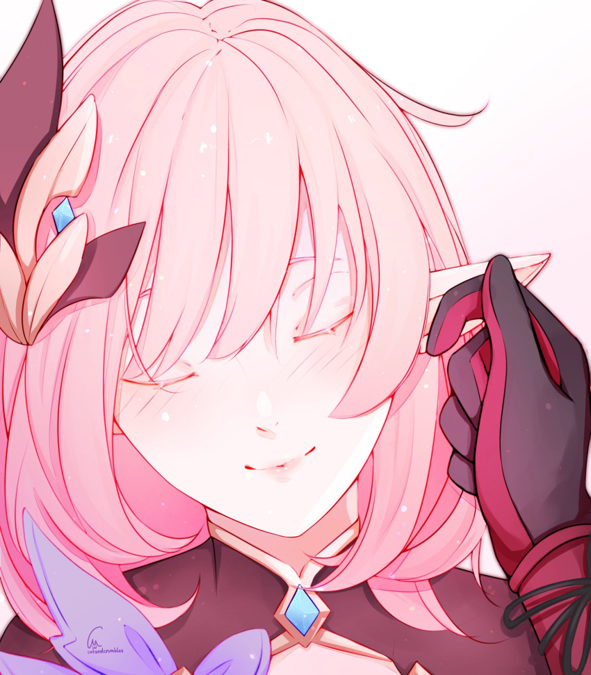 2girls, artist_name, bangs, blush, catandcrumbles, closed_eyes, elysia_(honkai_impact), hair_ornament, highres, honkai_(series), honkai_impact_3rd, lips, multiple_girls, pink_hair, pointy_ears, raiden_mei, raiden_mei_(herrscher_of_thunder), simple_background, touching_ears, two-tone_gloves, yuri