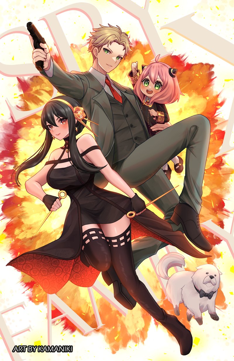 1boy, 2girls, ahoge, anya_(spy_x_family), artist_name, black_bow, black_bowtie, black_dress