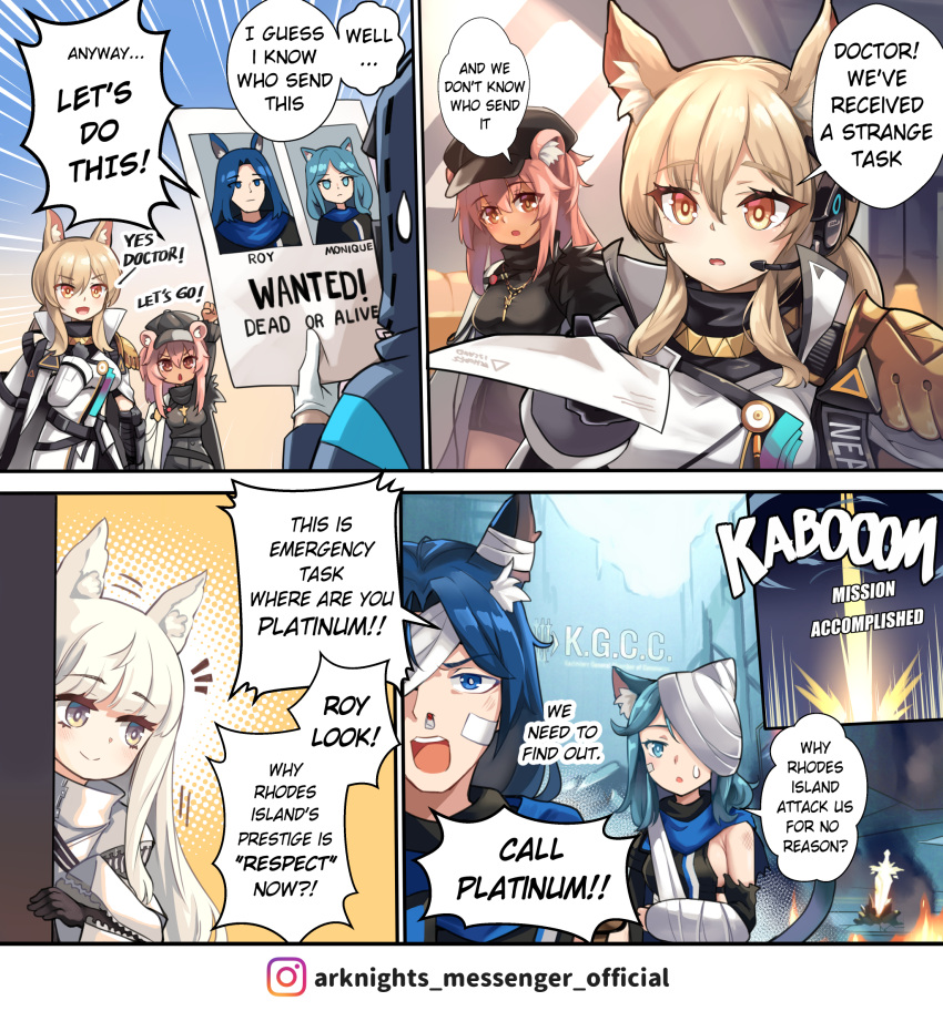 1boy, 1other, 4girls, animal_ear_fluff, animal_ears, arknights, arm_sling, bandage_over_one_eye