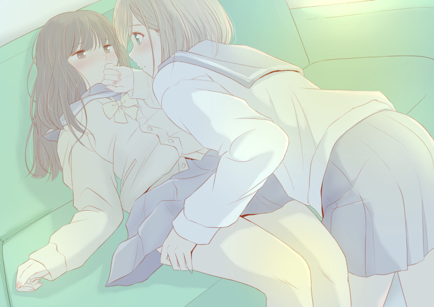 2girls, bangs, blue_skirt, blush, bow, brown_hair, cardigan, couch