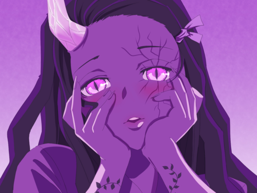 1girl, asymmetrical_horns, black_hair, commentary_request, cracked_skin, crazy_eyes, demon_girl, dreamoon-q