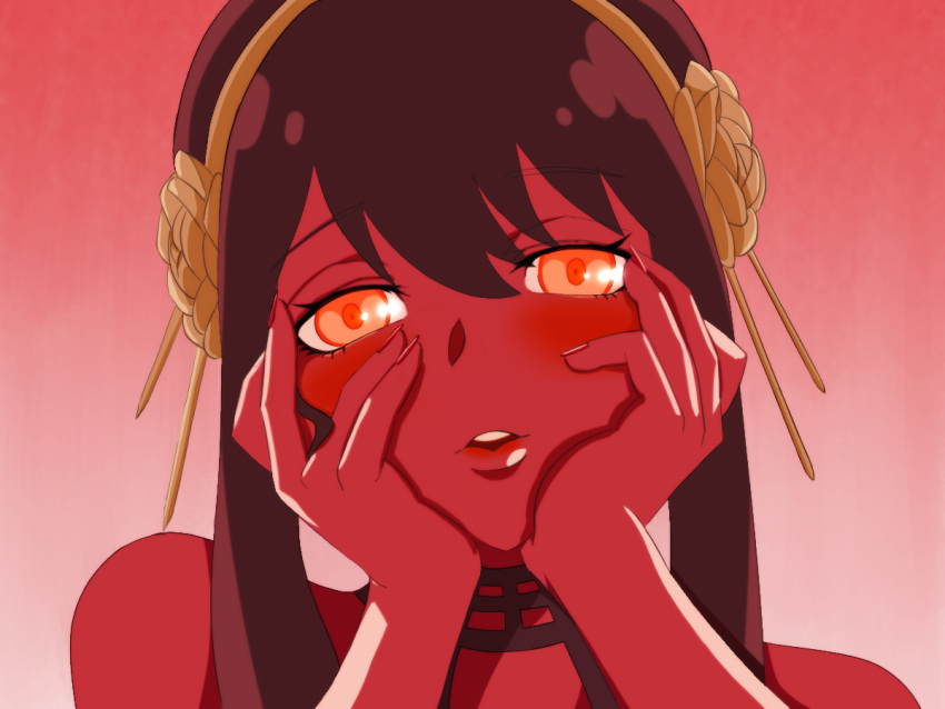 1girl, bare_shoulders, black_hair, commentary_request, crazy_eyes, dreamoon-q, glowing, glowing_eyes, hair_between_eyes, hairband, hands_on_own_cheeks, hands_on_own_face, looking_at_viewer, mirai_nikki, orange_eyes, red_background, sidelocks, solo, spy_x_family, upper_body, yandere, yandere_trance, yor_briar