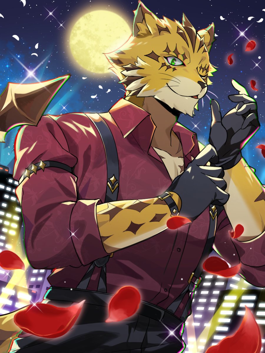 1boy, adjusting_clothes, adjusting_gloves, animal_nose, black_gloves, black_pants, brown_fur, chromatic_aberration