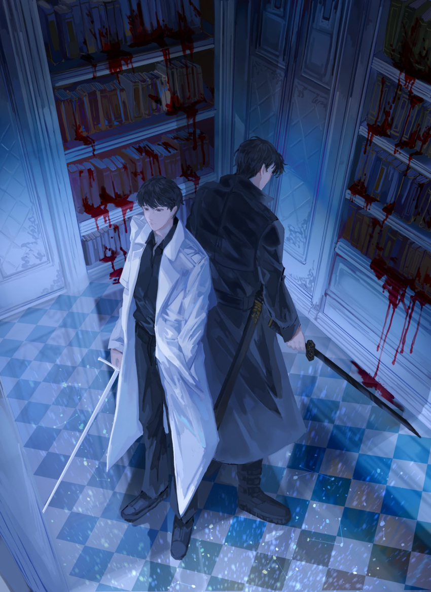 2boys, argyle, back-to-back, black_eyes, black_hair, black_jacket, blood, blood_on_wall