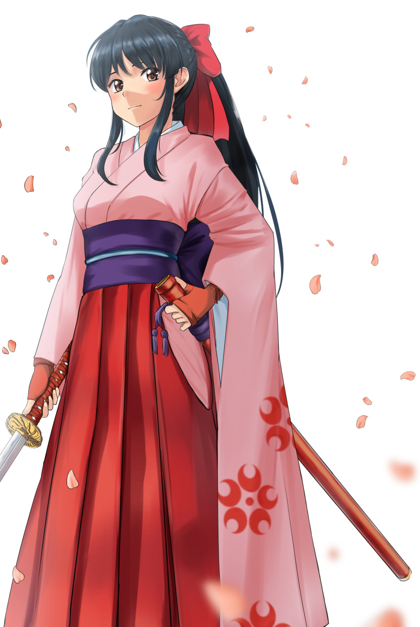 1girl, bangs, black_hair, blush, bow, brown_eyes, cherry_blossoms, closed_mouth