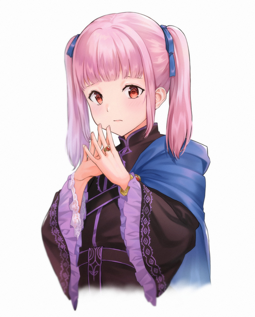 1girl, absurdres, bangs, black_dress, blue_cape, blue_ribbon, blunt_bangs, cape