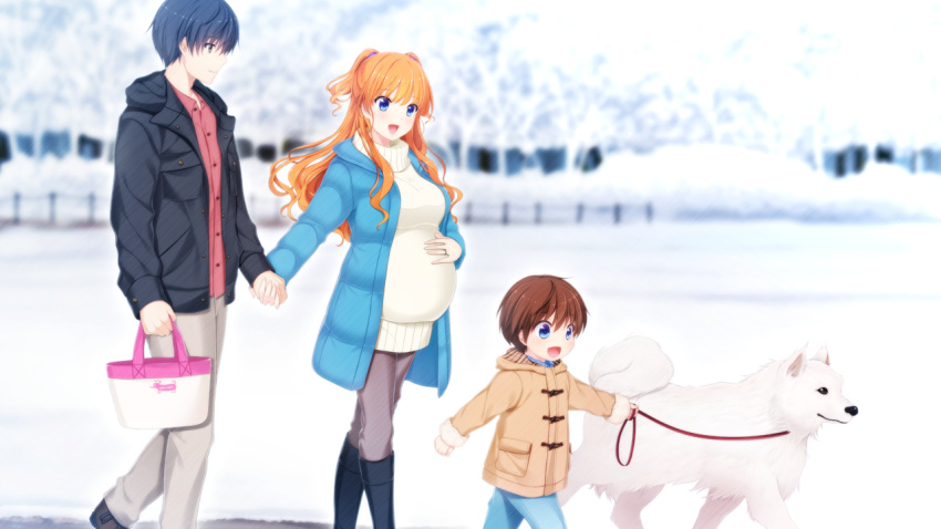 1girl, 2boys, :d, akino_subaru, aoi_hinata_(gin'iro_haruka), black_coat, blue_coat, blue_eyes
