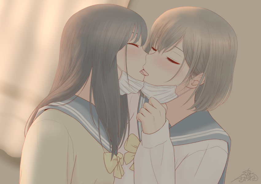 2girls, bangs, blue_sailor_collar, blush, bow, closed_eyes, french_kiss, kiss, long_hair, long_sleeves, mask, mask_pull, mouth_mask, multiple_girls, original, sailor_collar, saone_kushima, school_uniform, serafuku, short_hair, signature, surgical_mask, tongue, tongue_out, yellow_bow, yuri
