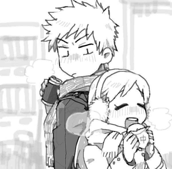 1boy, 1girl, bleach, can, closed_eyes, coat, earmuffs, food