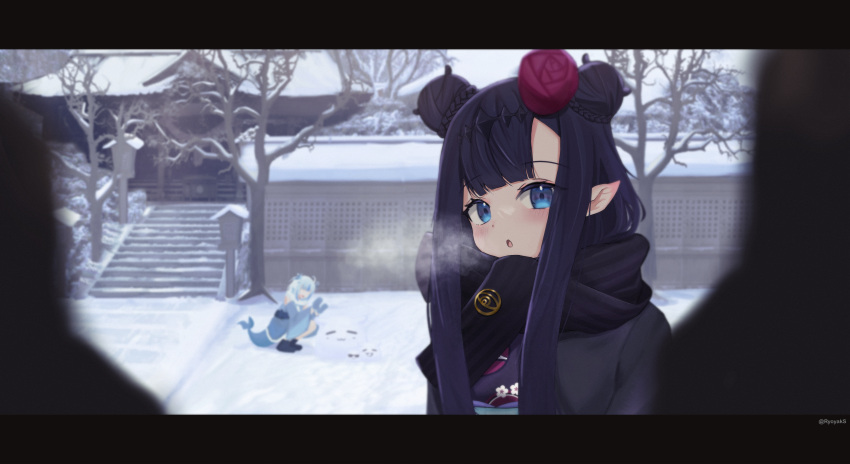 2girls, absurdres, bangs, bare_tree, black_scarf, blue_eyes, blue_hair, blue_kimono