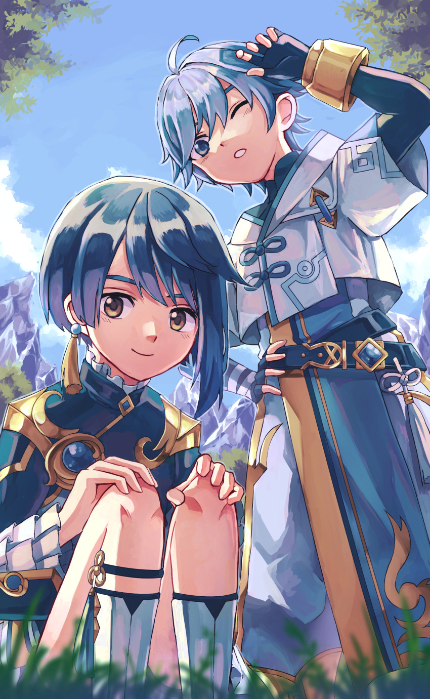 2boys, absurdres, antenna_hair, asymmetrical_bangs, asymmetrical_sleeves, bangs, belt, blue_eyes, blue_hair, blue_sky, brooch, chinese_clothes, chongyun_(genshin_impact), clouds, commentary_request, day, earrings, fingerless_gloves, frilled_shirt_collar, frilled_sleeves, frills, from_below, genshin_impact, gloves, hair_between_eyes, hand_on_hip, hands_on_own_knees, highres, jewelry, kneeling, leg_garter, long_sleeves, looking_at_viewer, looking_down, male_focus, mountain, multiple_boys, one_eye_closed, outdoors, sasasamakiki, short_hair, single_earring, sky, smile, tassel, tassel_earrings, teeth, tree, xingqiu_(genshin_impact), yellow_eyes