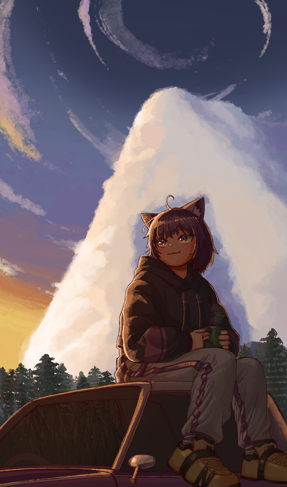 1girl, ahoge, animal_ear_fluff, animal_ears, car, cat_ears, cat_girl, cup