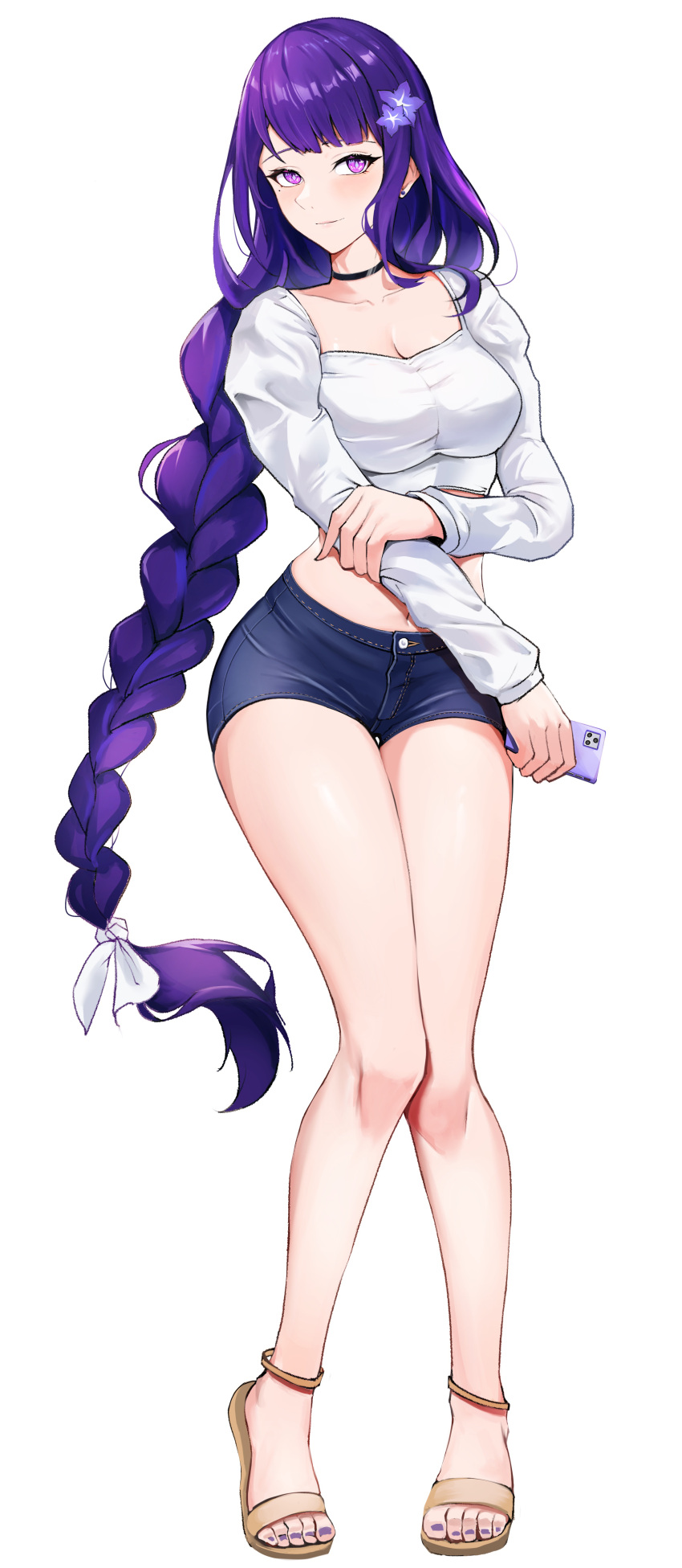 1girl, absurdres, alternate_costume, bare_legs, black_choker, blue_shorts, braid, breasts, casual, cellphone, choker, crop_top, denim, denim_shorts, dintea, flower, full_body, genshin_impact, hair_flower, hair_ornament, hair_ribbon, highres, holding, iphone, large_breasts, long_hair, long_sleeves, looking_at_viewer, micro_shorts, midriff, mole, mole_under_eye, navel, phone, purple_hair, raiden_shogun, ribbon, sandals, shirt, short_shorts, shorts, simple_background, single_braid, smartphone, solo, standing, stomach, thighs, very_long_hair, violet_eyes, white_background, white_shirt