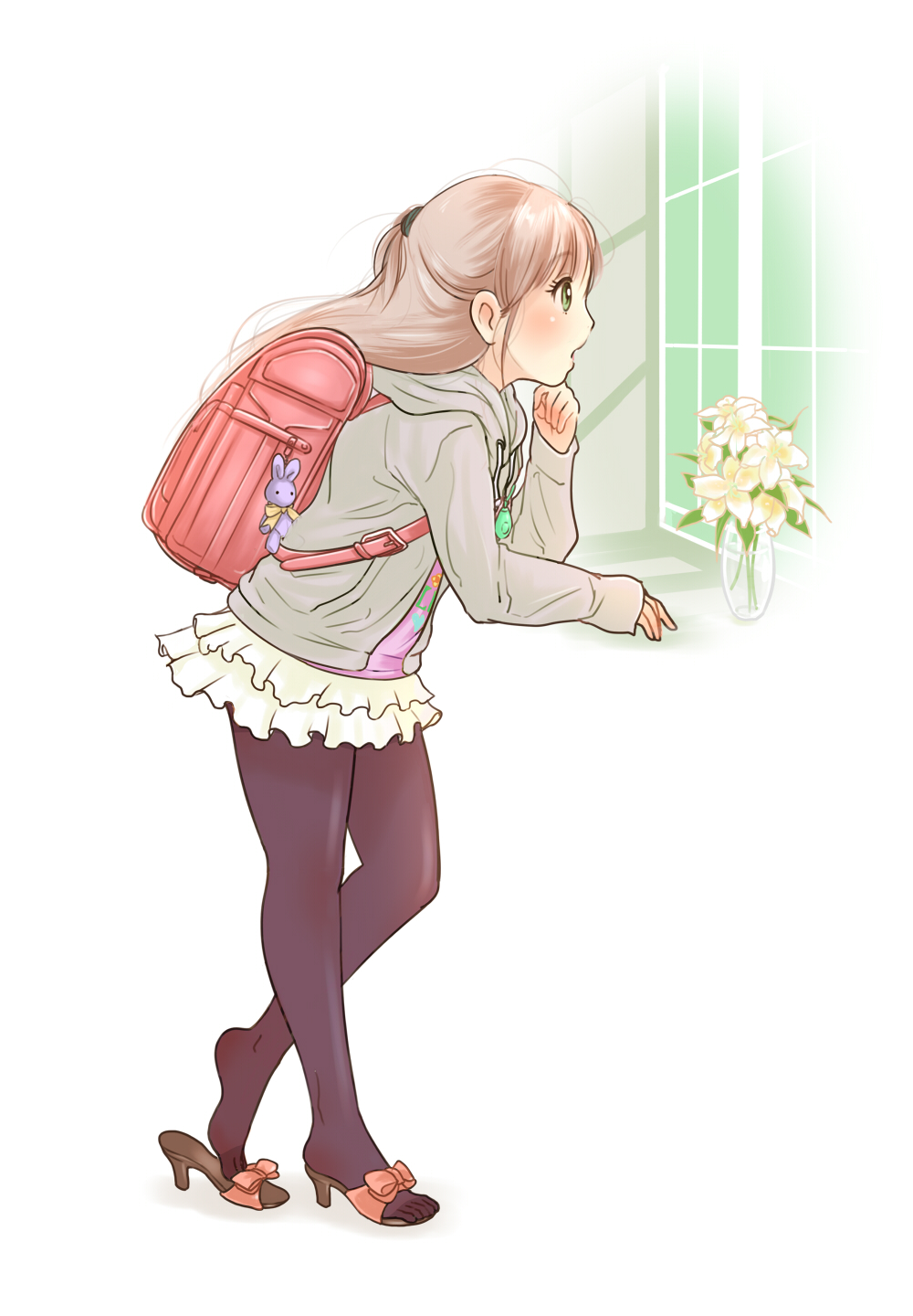 1girl, backpack, bag, bag_charm, black_legwear, charm_(object), crime_prevention_buzzer, flower