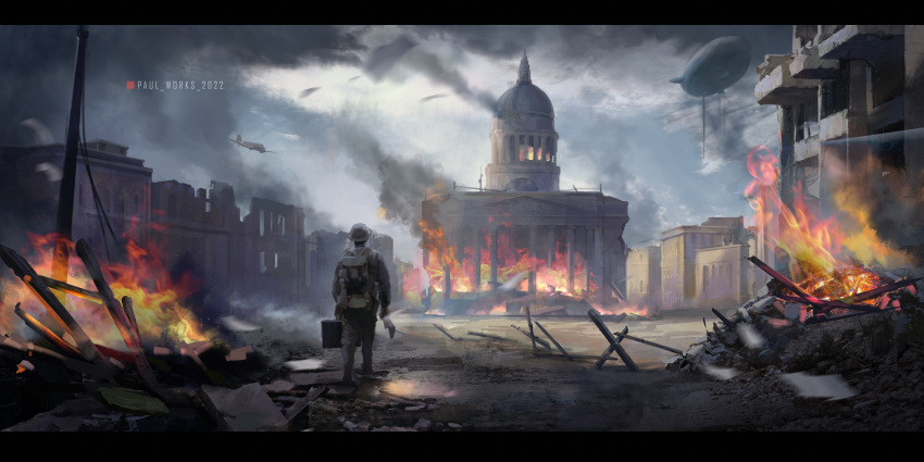 absurdres, aircraft, airplane, artist_name, battle, dirigible, dome, fire