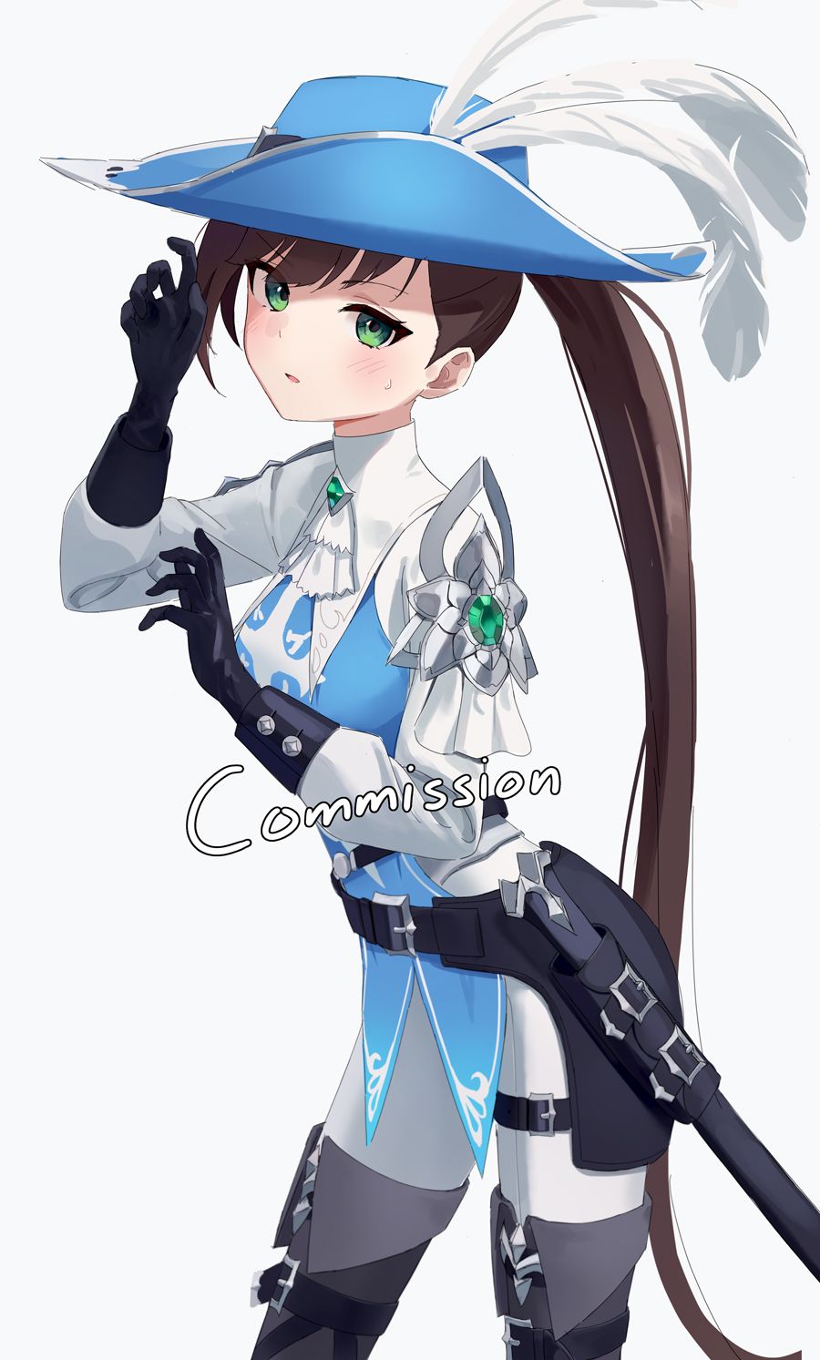 1girl, armor, black_gloves, black_legwear, black_survival, blue_headwear, blue_shirt, brown_hair