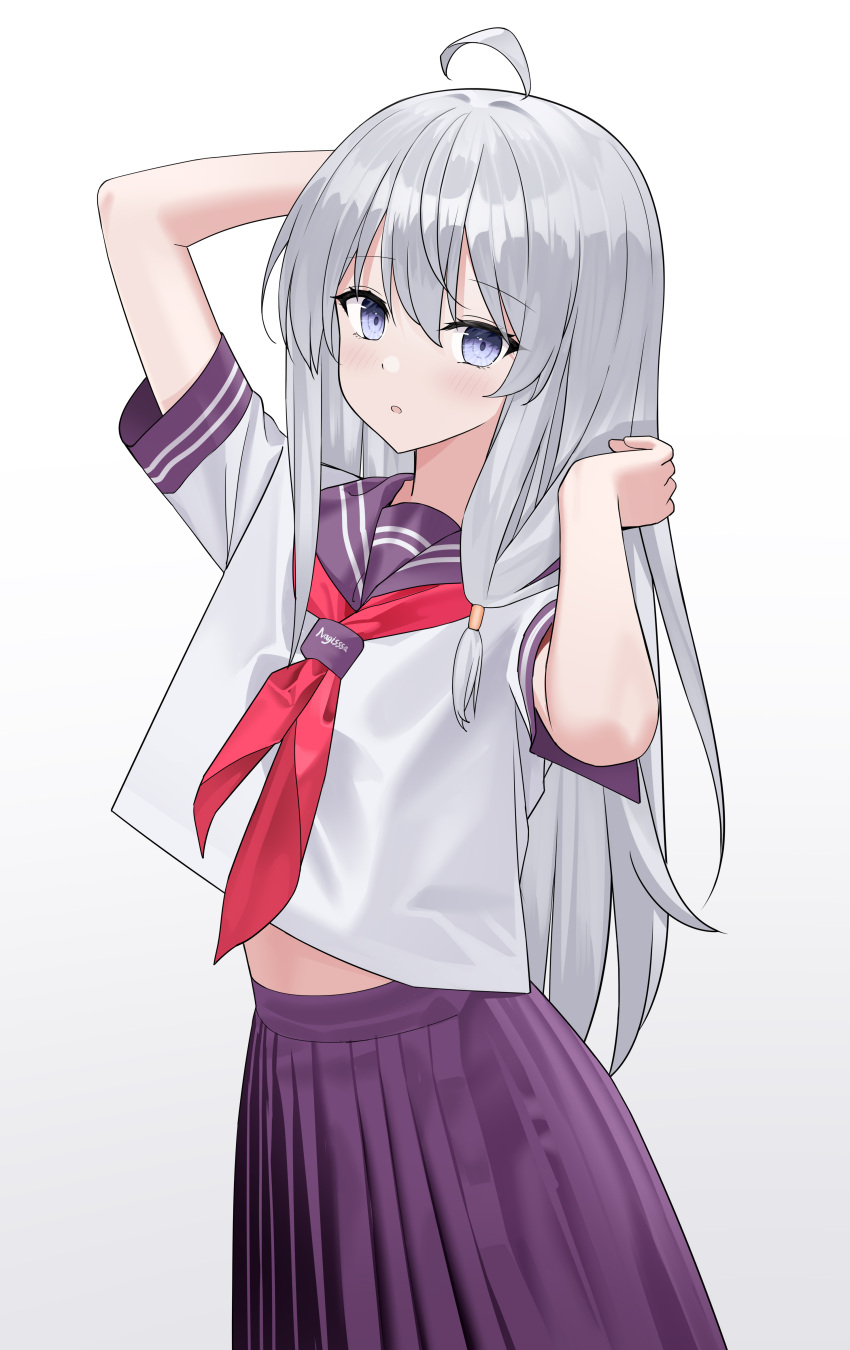 1girl, absurdres, ahoge, blush, elaina_(majo_no_tabitabi), grey_hair, hair_between_eyes, highres