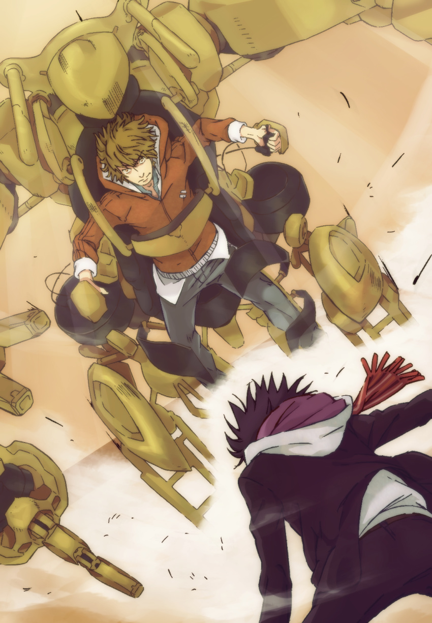 2boys, action, attack, battle, black_hair, black_jacket, black_pants, brown_hood