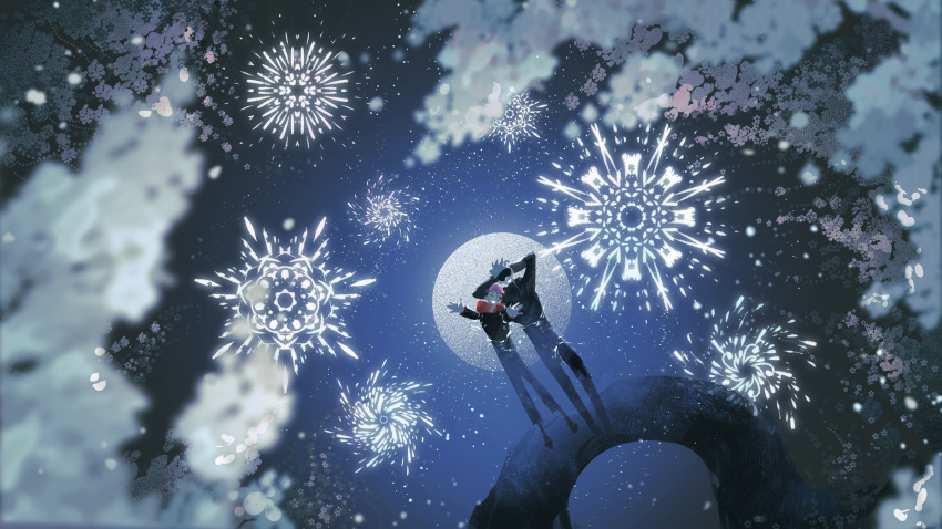2boys, :d, absurdres, aerial_fireworks, arm_pillow, arms_up, bangs, black_jacket