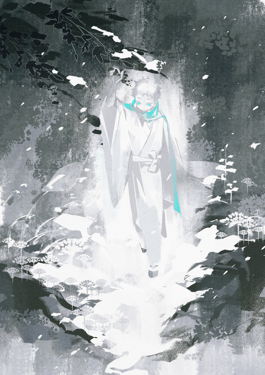 1boy, absurdres, aqua_eyes, aqua_scarf, arm_at_side, bangs, branch, child
