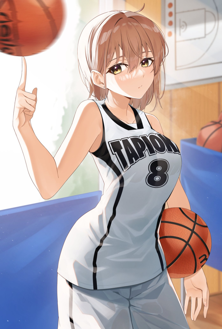 1girl, balancing, balancing_ball, ball, basketball, basketball_jersey, basketball_uniform, breasts